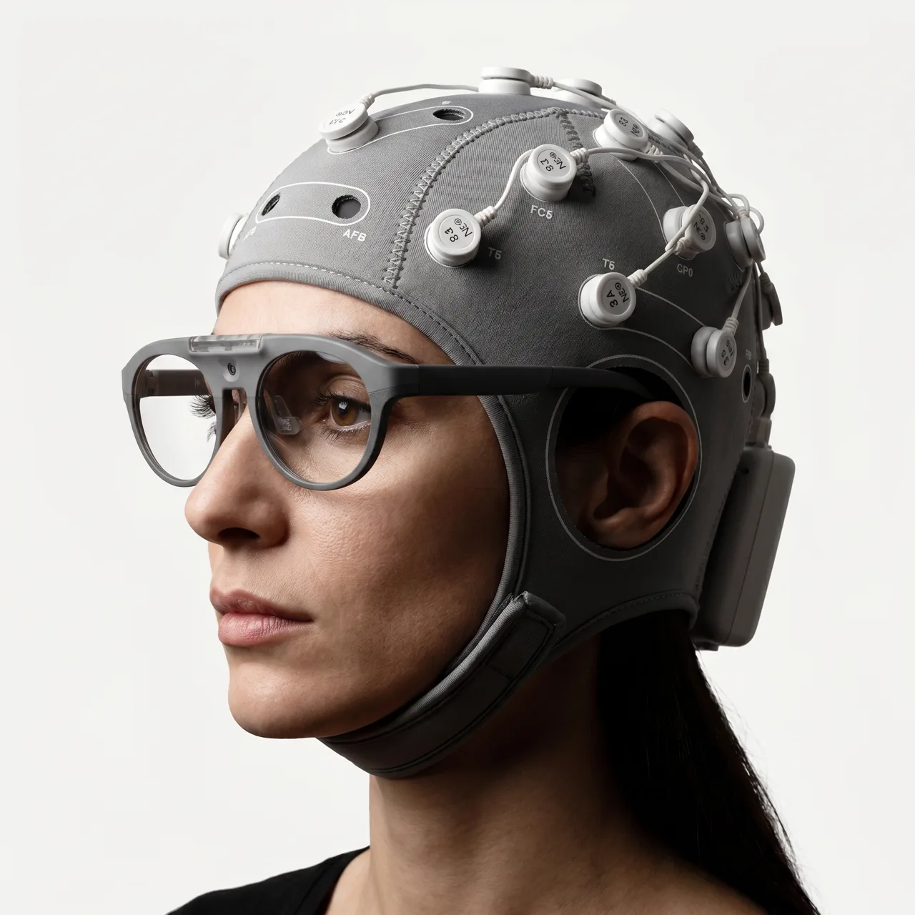 Participant in profile wearing a Neuroelectrics EEG headset and Pupil Labs eye tracking glasses