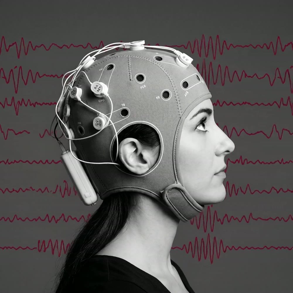 Participante de perfil con casco de EEG