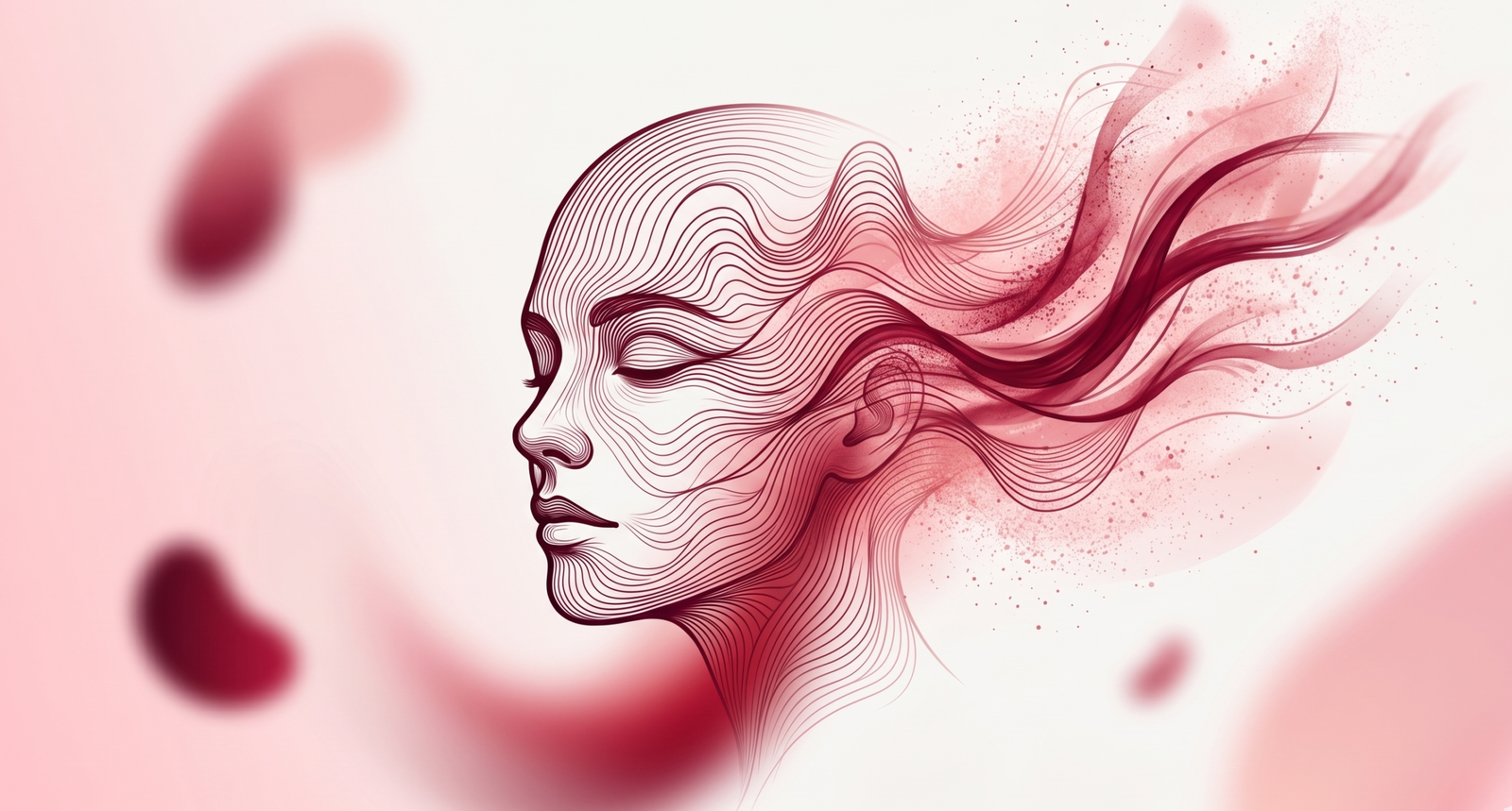 Rostro humano que se disuelve en ondas de EEG convertidas en arte generativo abstracto, en tonos crimson sobre fondo claro — proyecto ENAKD.