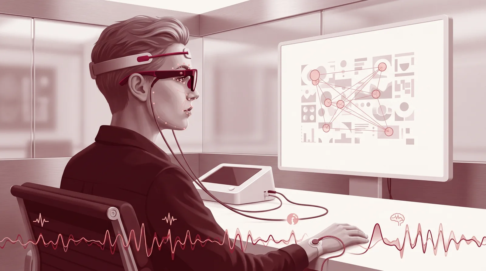 Participante con biosensores (eye tracking, facial coding, GSR) frente a un estímulo: la respuesta fisiológica real que valida la predicción del gemelo